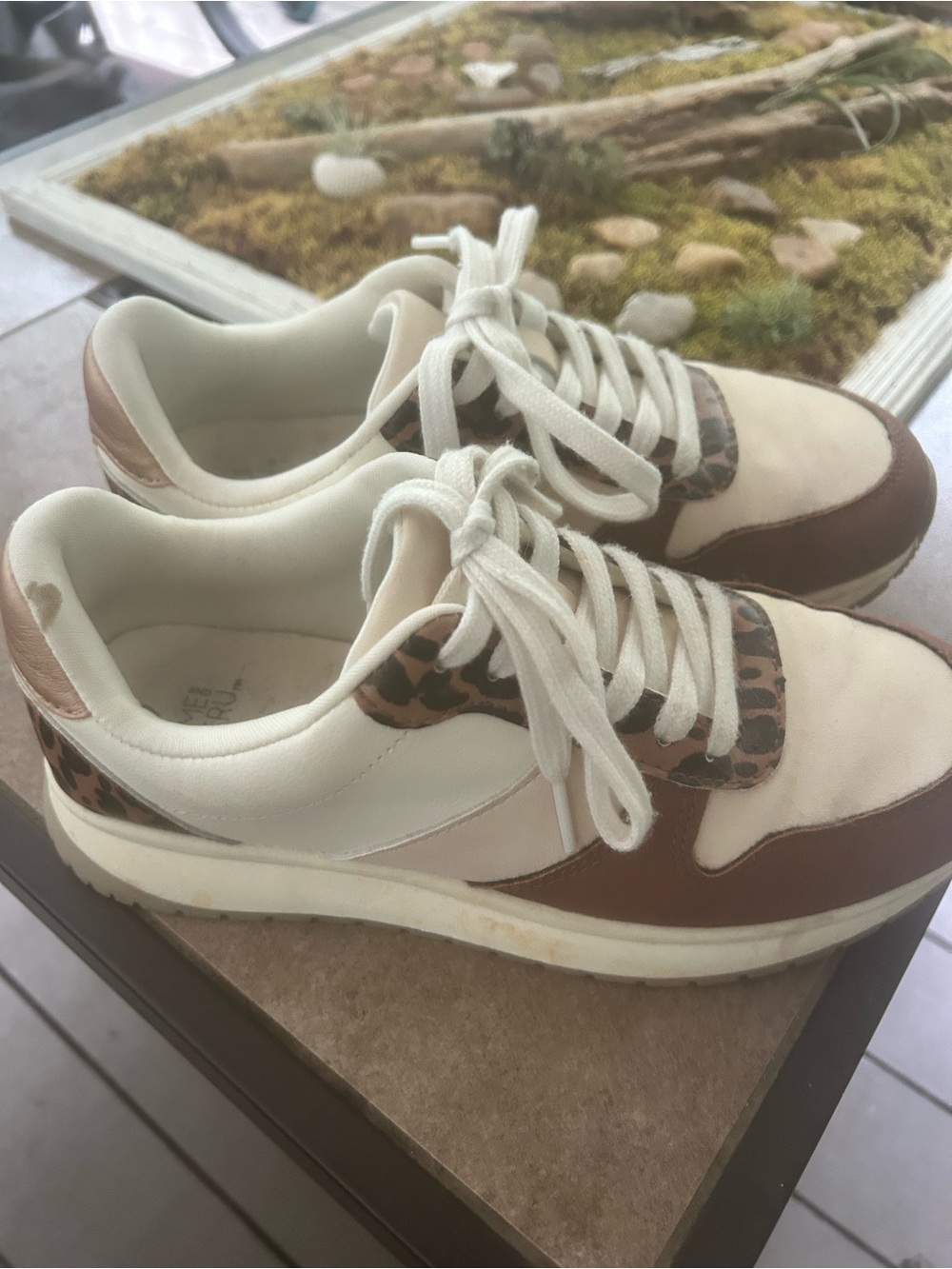 Time and Tru Cream & Brown Leopard-Trim Lace-Up Sneakers